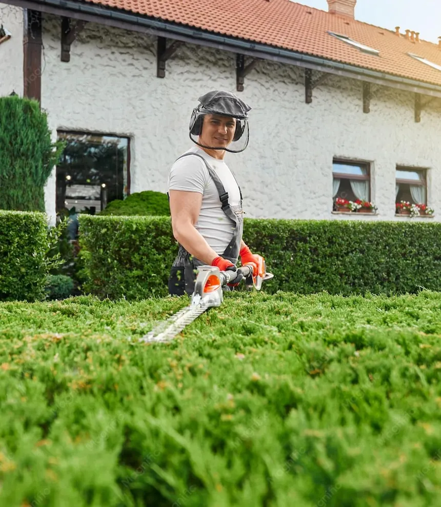 Gartenpflege: Heckenschnitt vor einem Wohnhaus