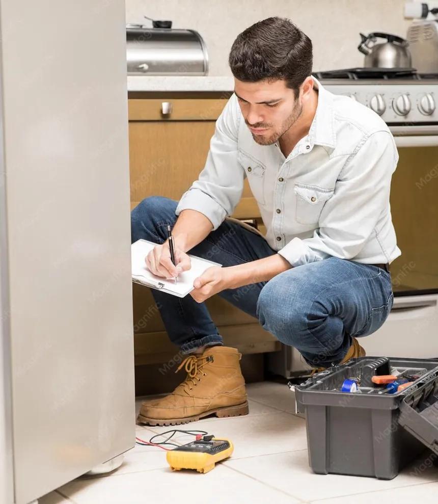 Reparaturen und Instandhaltung: Handwerker mit Werkzeugkoffer